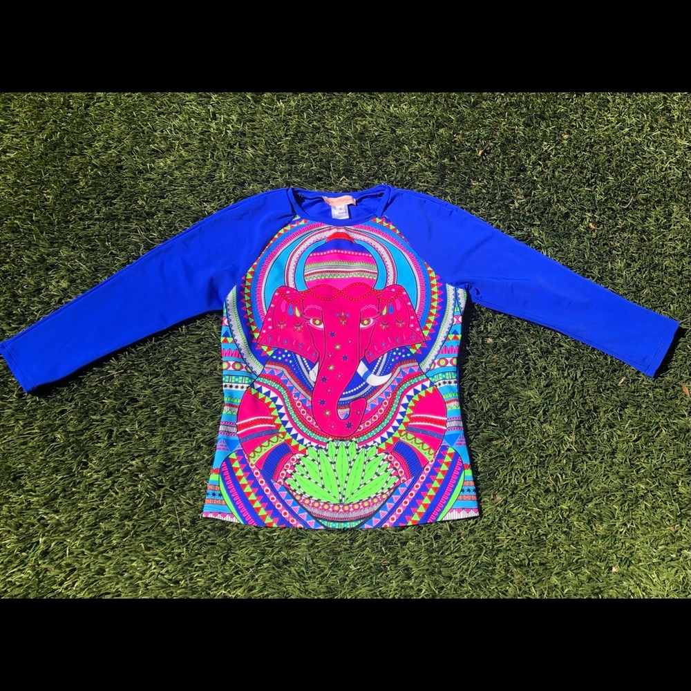 Mara Hoffman rash guard with pink ganesh against a pool blue background - Picture 10 of 14